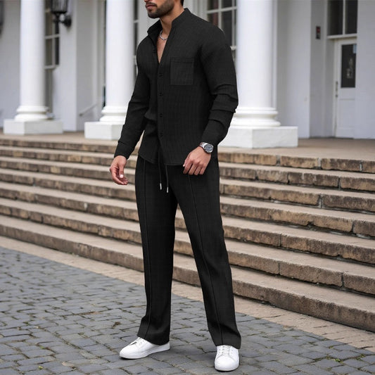 🍂👖 Ensemble 2 pièces décontracté pour homme : chemise et pantalon en tissu gaufré