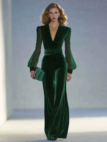 Combinaison en velours CIELDEMODE™ avec empiècements en résille et col en V – Bleue