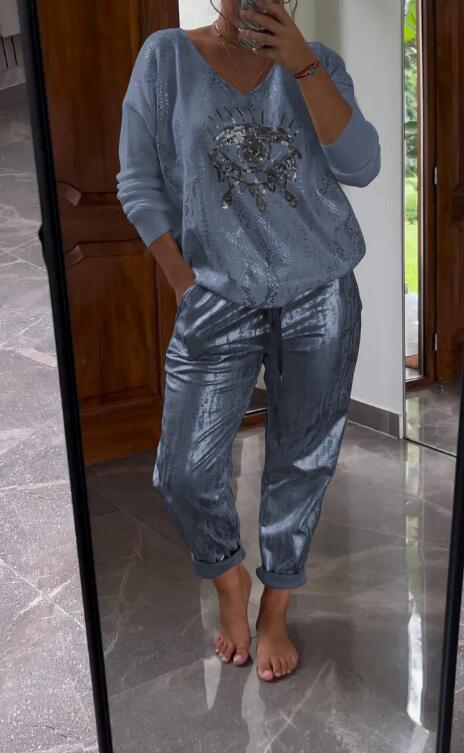 🌷DERNIER JOUR DES SOLDES -50%⏰Ensemble composé d'un haut doré « Œil du diable » et d'un pantalon à sequins