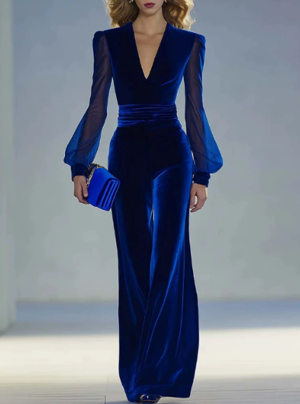 Combinaison en velours CIELDEMODE™ avec empiècements en résille et col en V – Bleue