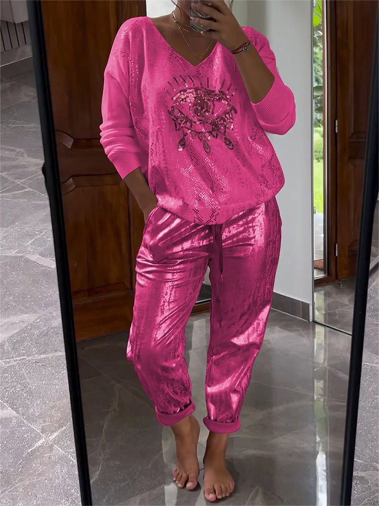 🌷DERNIER JOUR DES SOLDES -50%⏰Ensemble composé d'un haut doré « Œil du diable » et d'un pantalon à sequins