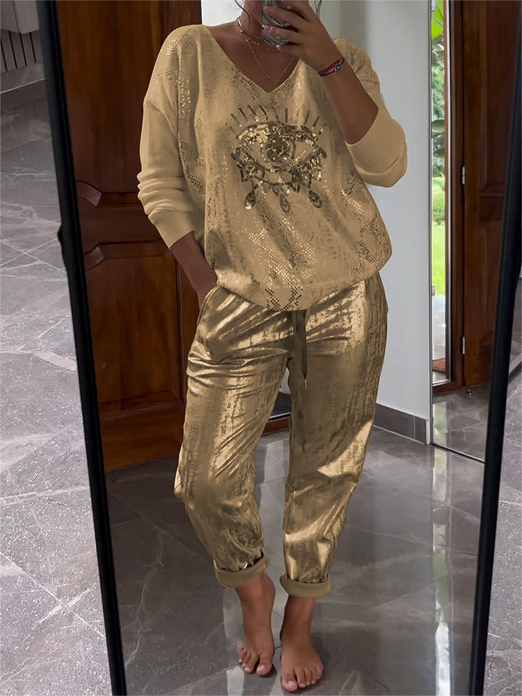 🌷DERNIER JOUR DES SOLDES -50%⏰Ensemble composé d'un haut doré « Œil du diable » et d'un pantalon à sequins