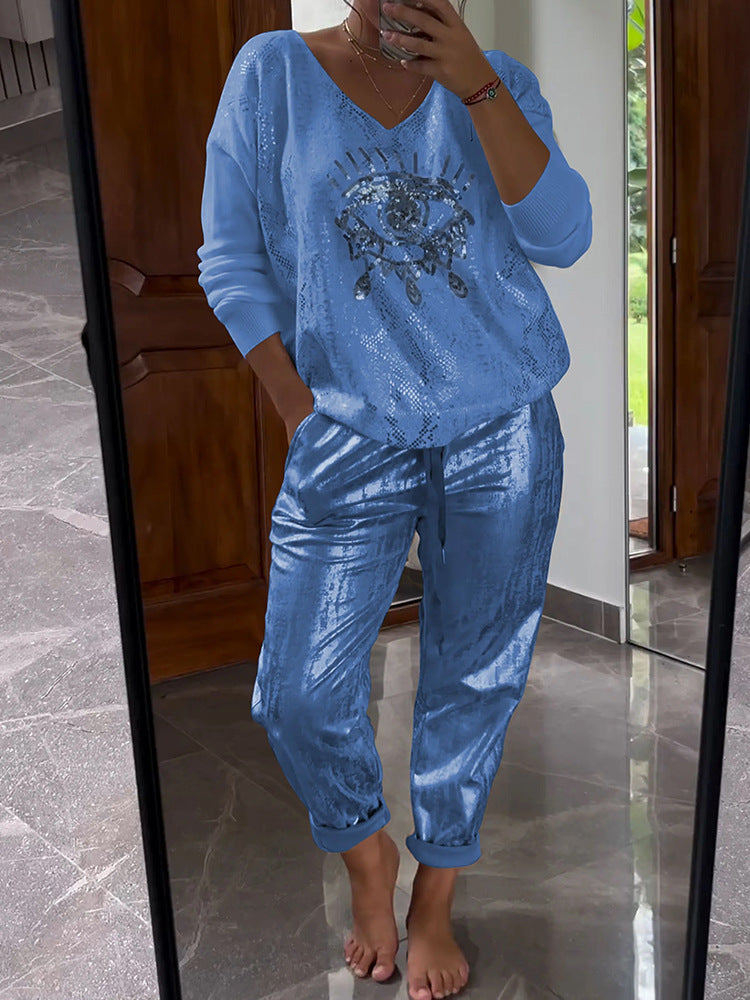 🌷DERNIER JOUR DES SOLDES -50%⏰Ensemble composé d'un haut doré « Œil du diable » et d'un pantalon à sequins