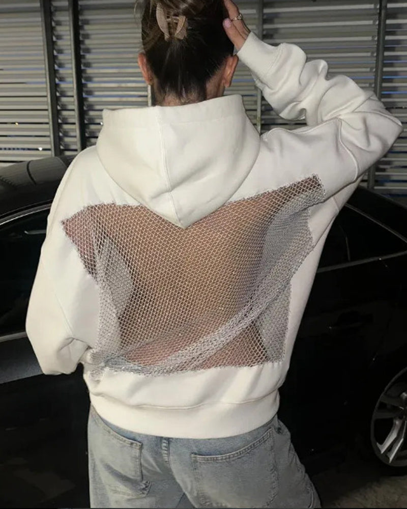 Sweat à capuche à manches longues, dos nu, empiècements en résille découpés, couleur unie tendance