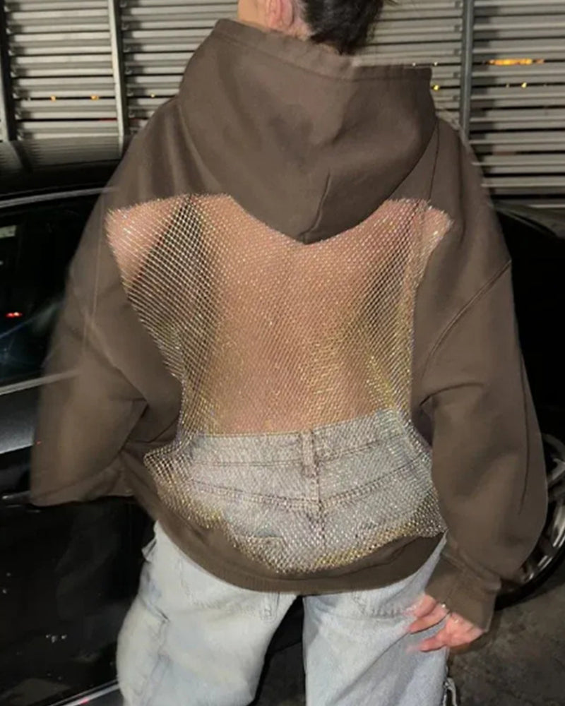 Sweat à capuche à manches longues, dos nu, empiècements en résille découpés, couleur unie tendance