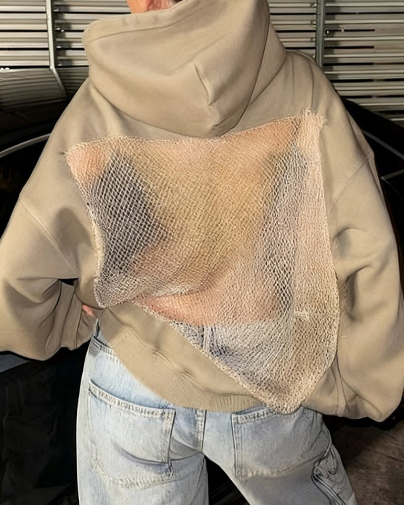 Sweat à capuche à manches longues, dos nu, empiècements en résille découpés, couleur unie tendance