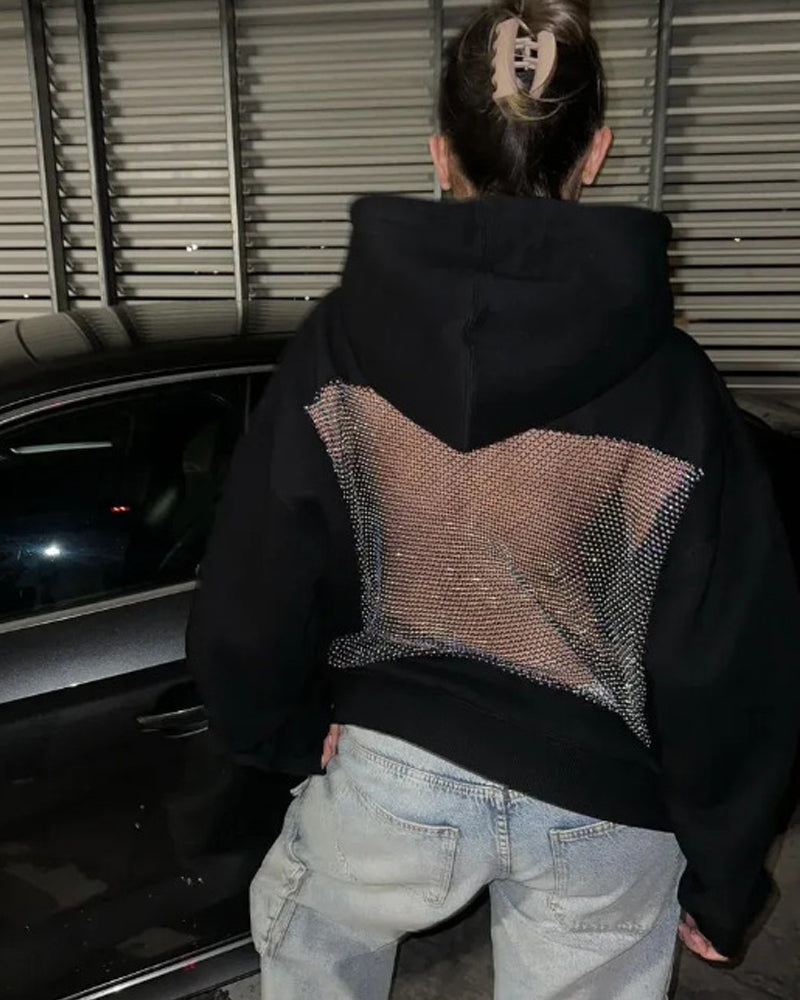 Sweat à capuche à manches longues, dos nu, empiècements en résille découpés, couleur unie tendance