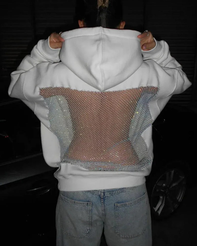 Sweat à capuche à manches longues, dos nu, empiècements en résille découpés, couleur unie tendance