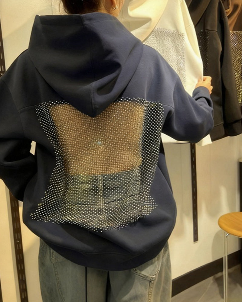 Sweat à capuche à manches longues, dos nu, empiècements en résille découpés, couleur unie tendance