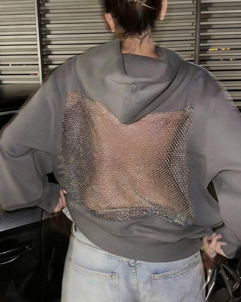 Sweat à capuche à manches longues, dos nu, empiècements en résille découpés, couleur unie tendance