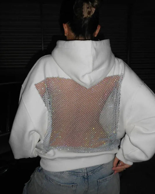 Sweat à capuche à manches longues, dos nu, empiècements en résille découpés, couleur unie tendance