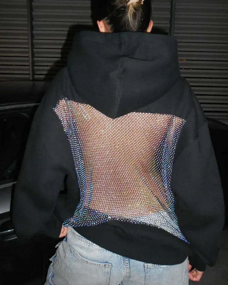 Sweat à capuche à manches longues, dos nu, empiècements en résille découpés, couleur unie tendance