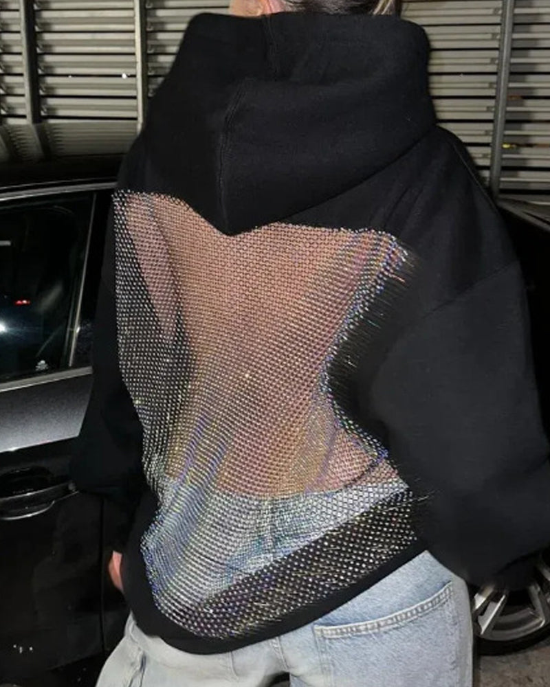 Sweat à capuche à manches longues, dos nu, empiècements en résille découpés, couleur unie tendance