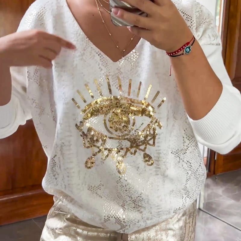 🌷DERNIER JOUR DES SOLDES -50%⏰Ensemble composé d'un haut doré « Œil du diable » et d'un pantalon à sequins