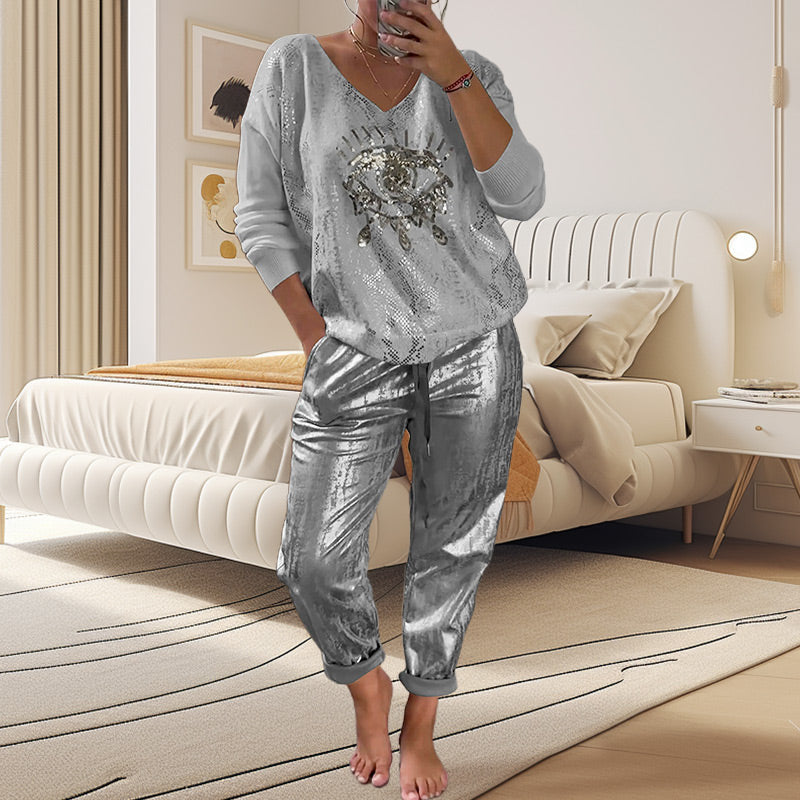 🌷DERNIER JOUR DES SOLDES -50%⏰Ensemble composé d'un haut doré « Œil du diable » et d'un pantalon à sequins