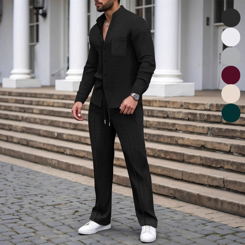 🍂👖 Ensemble 2 pièces décontracté pour homme : chemise et pantalon en tissu gaufré