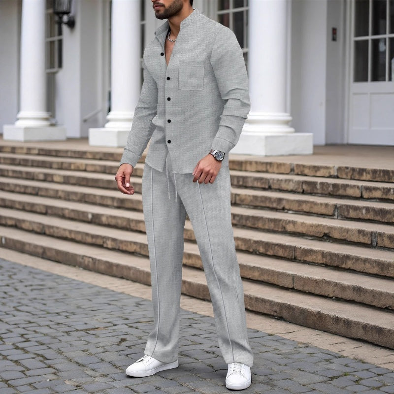 🍂👖 Ensemble 2 pièces décontracté pour homme : chemise et pantalon en tissu gaufré
