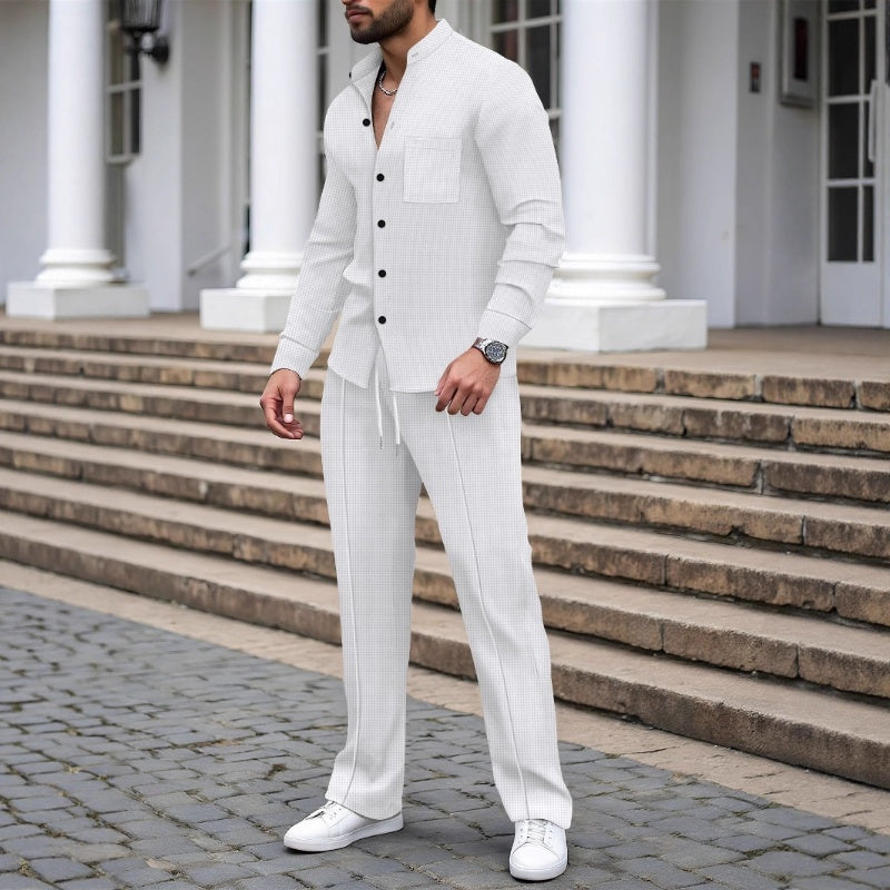 🍂👖 Ensemble 2 pièces décontracté pour homme : chemise et pantalon en tissu gaufré