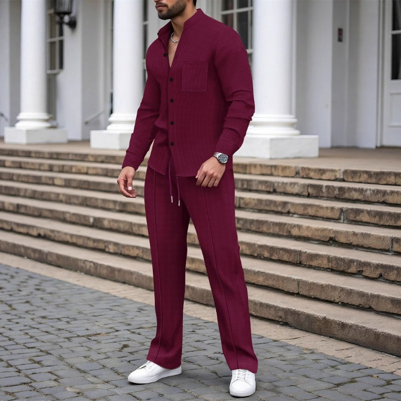 🍂👖 Ensemble 2 pièces décontracté pour homme : chemise et pantalon en tissu gaufré