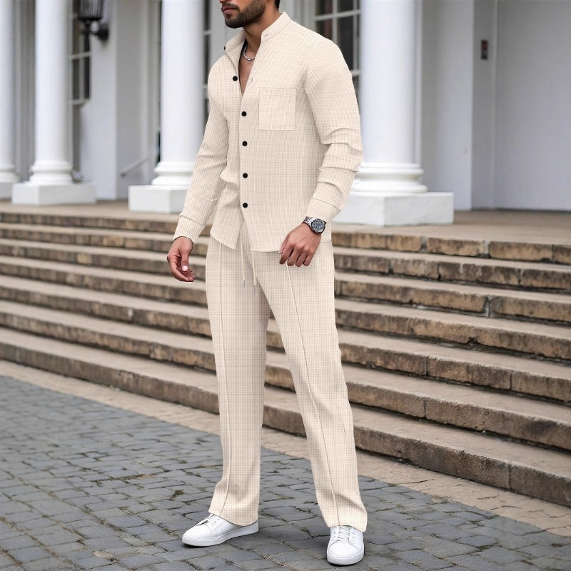 🍂👖 Ensemble 2 pièces décontracté pour homme : chemise et pantalon en tissu gaufré
