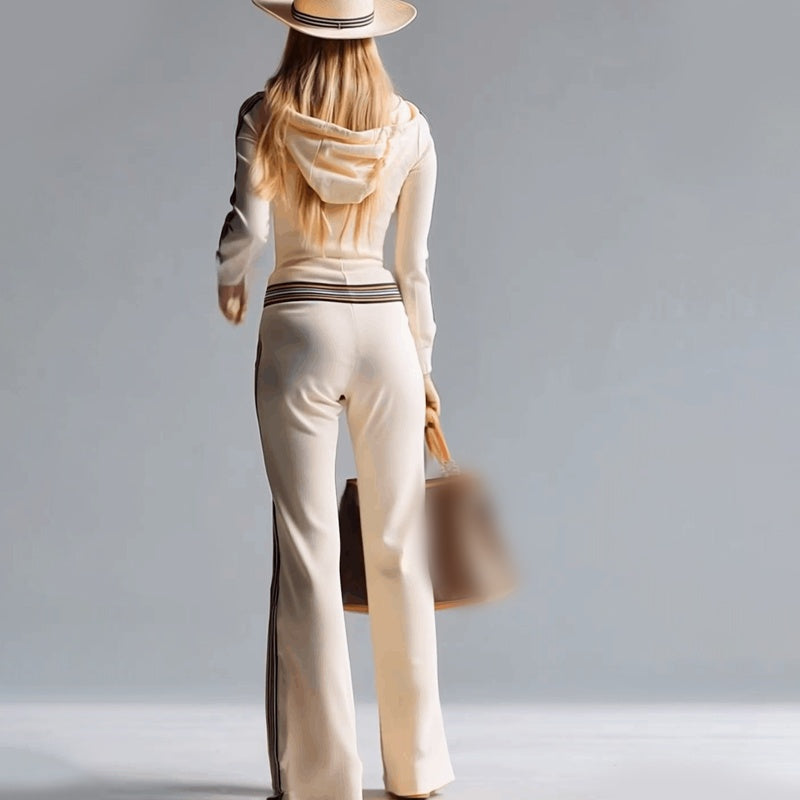 📢📢60% de réduction ! 🌟 Combinaison-Pantalon Sport Chic à Capuche – Col en V, Rayures Rétro & Jambe Évasée 💕👟