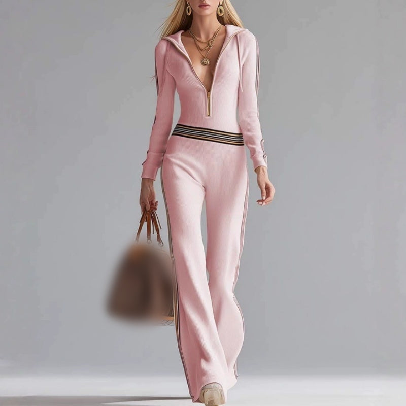 📢📢60% de réduction ! 🌟 Combinaison-Pantalon Sport Chic à Capuche – Col en V, Rayures Rétro & Jambe Évasée 💕👟