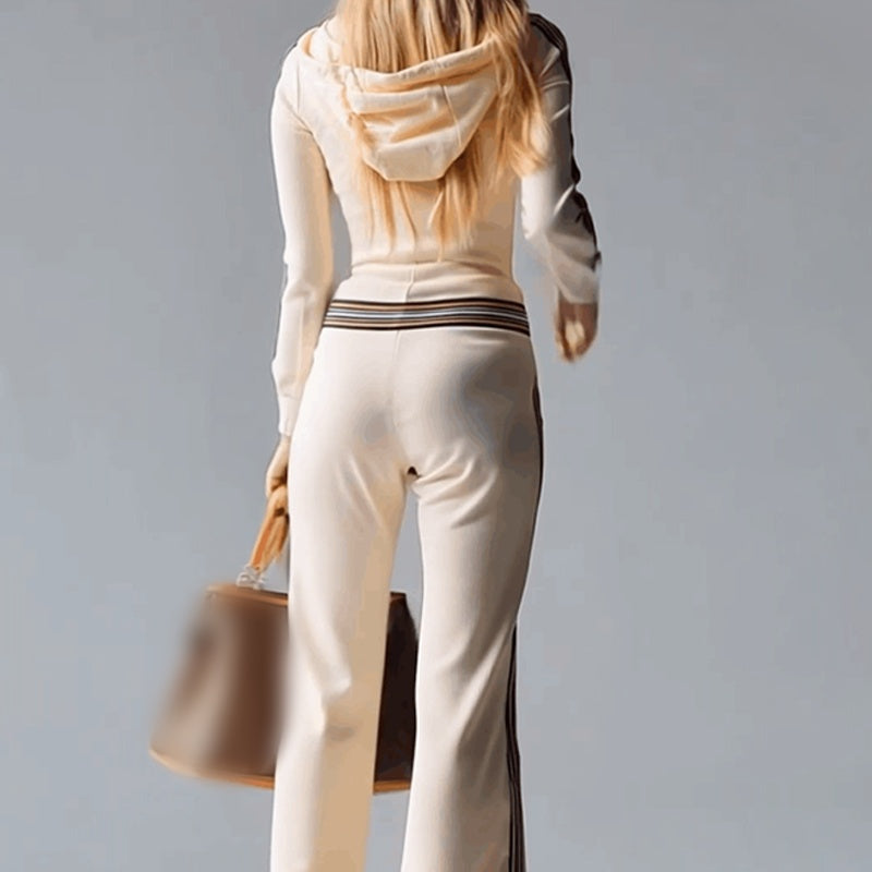 📢📢60% de réduction ! 🌟 Combinaison-Pantalon Sport Chic à Capuche – Col en V, Rayures Rétro & Jambe Évasée 💕👟