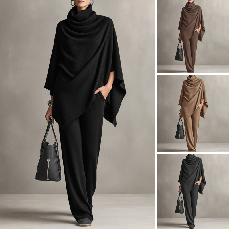 Ensemble femme : Haut cape à col cascade et pantalon à jambes larges