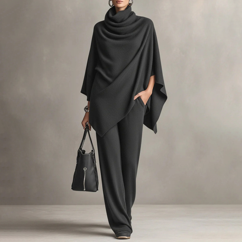 Ensemble femme : Haut cape à col cascade et pantalon à jambes larges