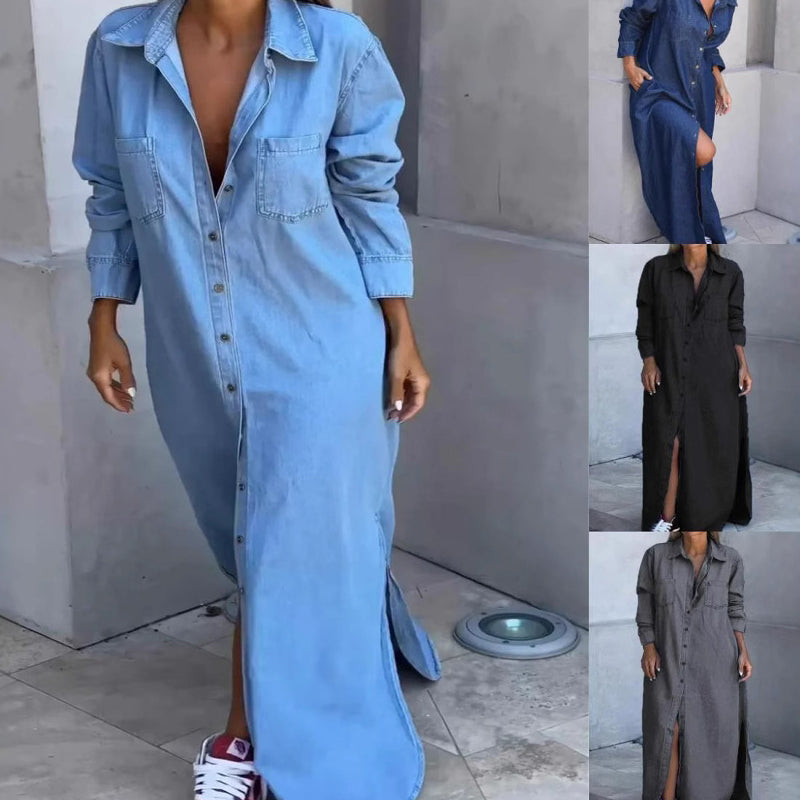 Robe-chemise pour femme en denim couleur sable, à boutons