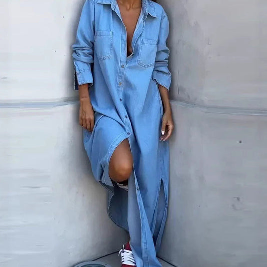Robe-chemise pour femme en denim couleur sable, à boutons