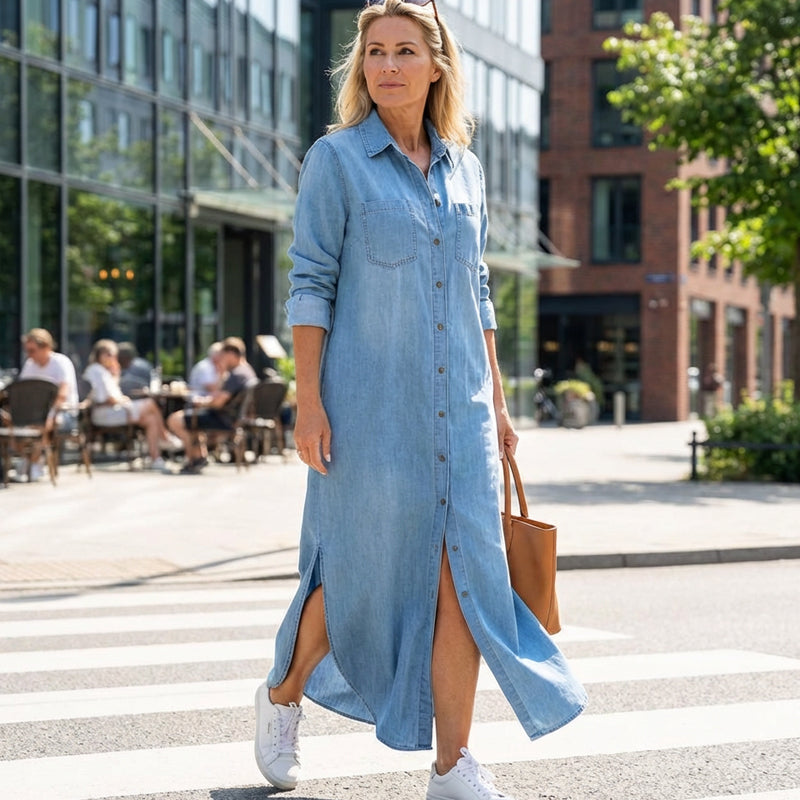 Robe-chemise pour femme en denim couleur sable, à boutons