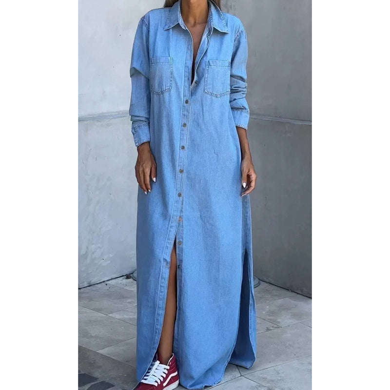Robe-chemise pour femme en denim couleur sable, à boutons