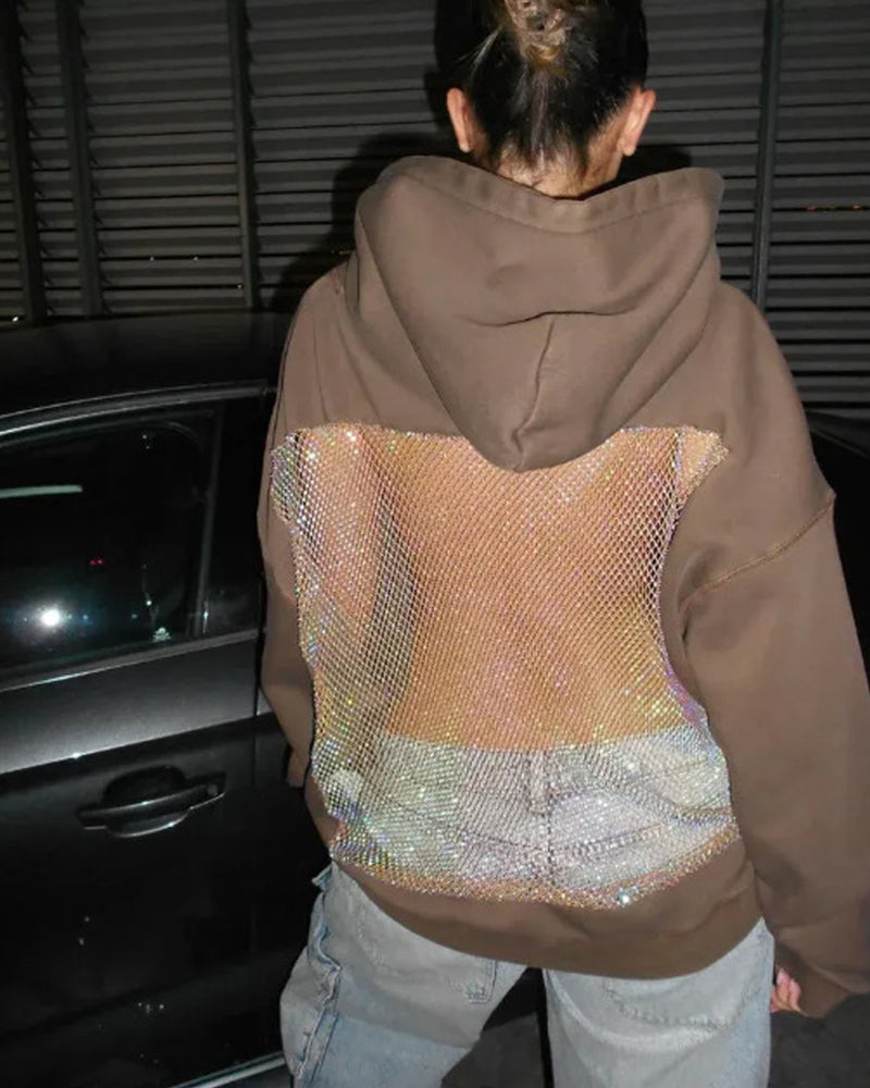 Sweat à capuche à manches longues, dos nu, empiècements en résille découpés, couleur unie tendance